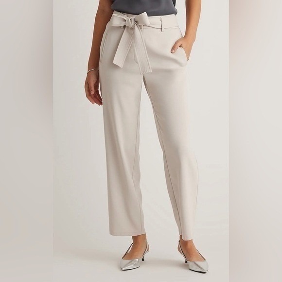 Quince Stretch Crepe Paperbag Pants Sand Off White Belted Waist size 10 NWT - Picture 2 of 16